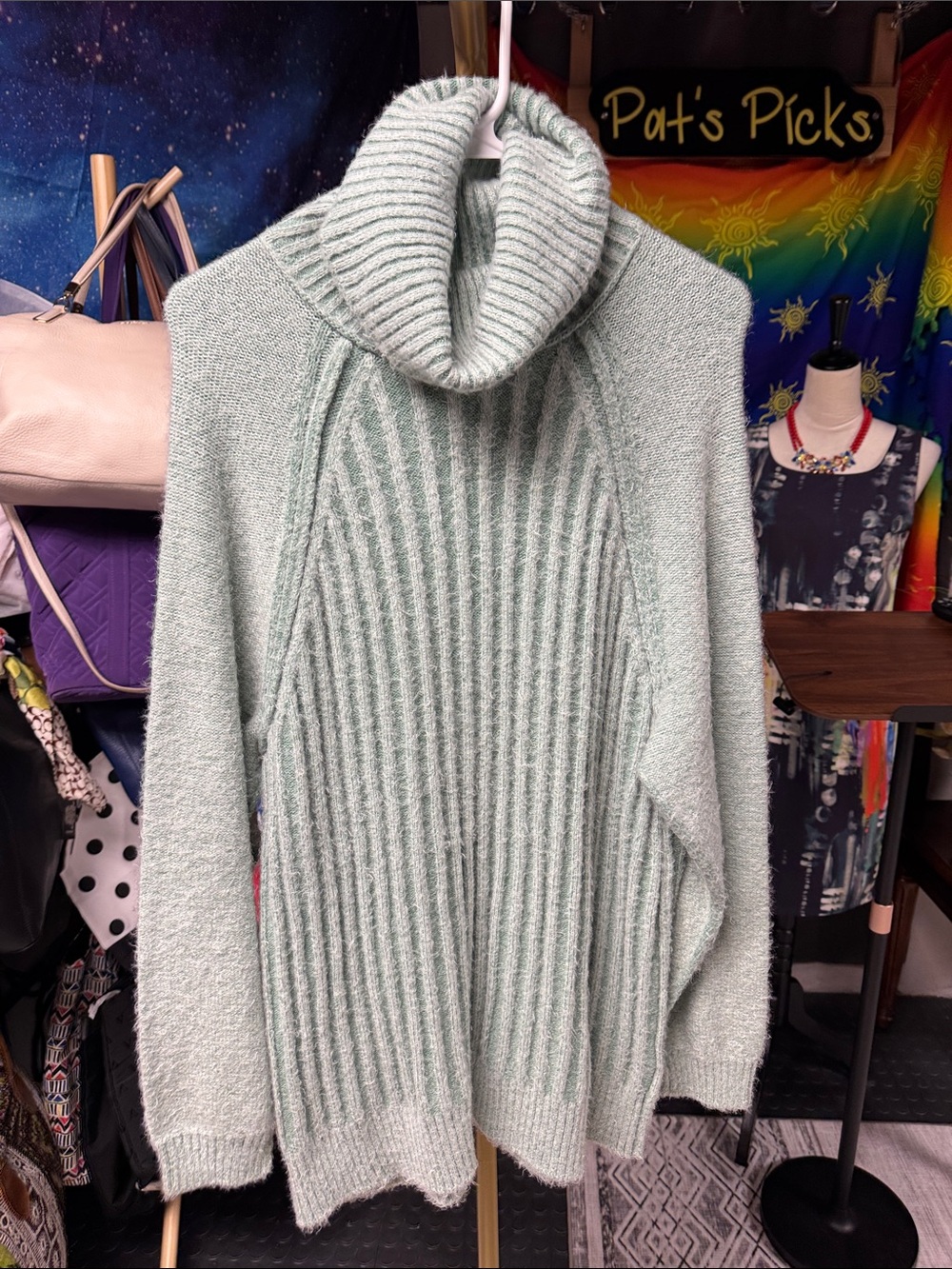 Free People Mint Green Ribbed Cowl Neck Sweater
